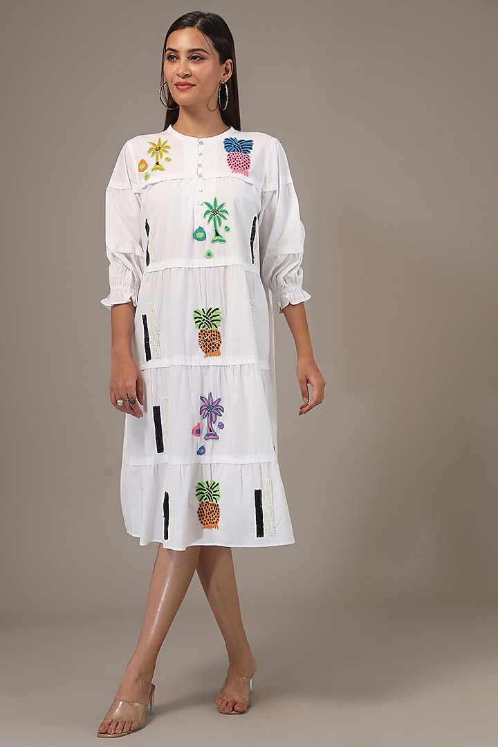 White Cotton Poplin Hand Work Midi Dress by Nakateki