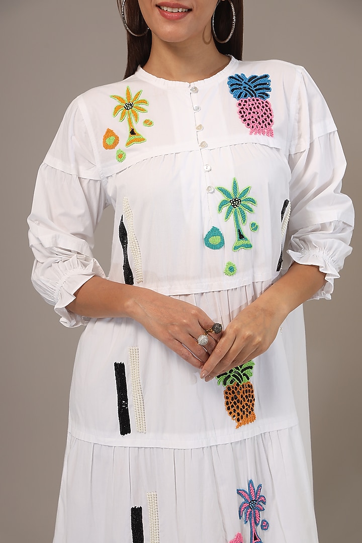 White Cotton Poplin Hand Work Midi Vacation Dress by Nakateki at Pernia's Pop Up Shop