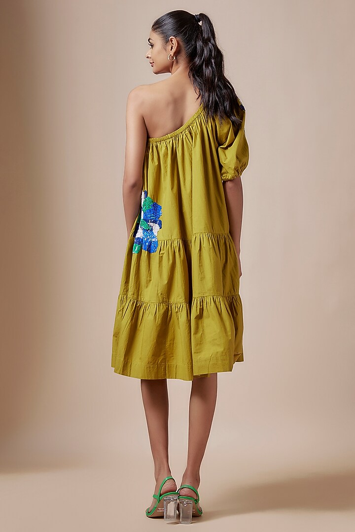 Green Cotton Poplin Applique Embellished One-Shoulder Layered Summer Dress by Nakateki at Pernia's Pop Up Shop