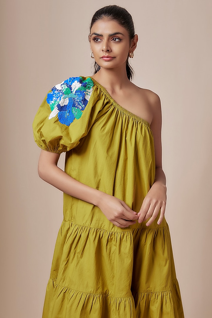 Green Cotton Poplin Applique Embellished One-Shoulder Layered Summer Dress by Nakateki at Pernia's Pop Up Shop