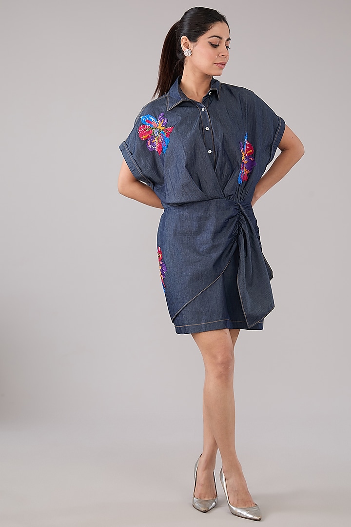 Indigo Blue Denim & Cotton Applique Floral Embellished Mini Dress by Nakateki