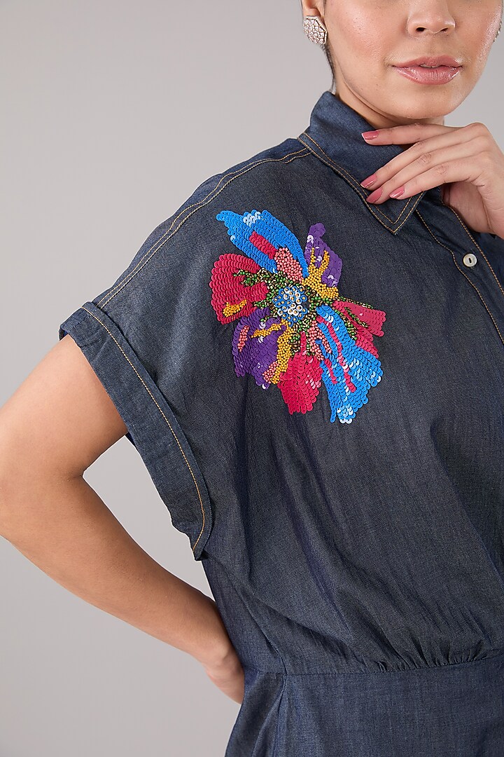 Indigo Blue Denim & Cotton Applique Floral Embellished Mini Summer Dress by Nakateki at Pernia's Pop Up Shop