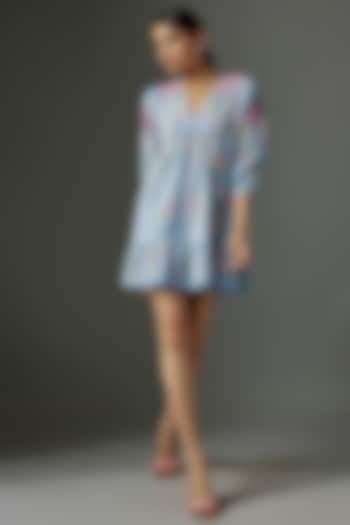 Blue Linen Applique Embroidered Mini Dress by Nakateki