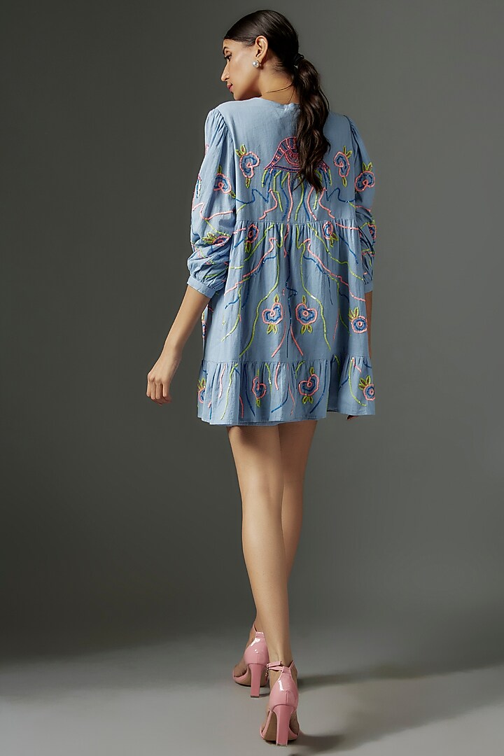 Blue Linen Applique Embroidered Mini Vacation Dress by Nakateki at Pernia's Pop Up Shop