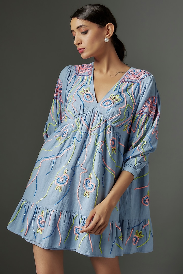Blue Linen Applique Embroidered Mini Vacation Dress by Nakateki at Pernia's Pop Up Shop