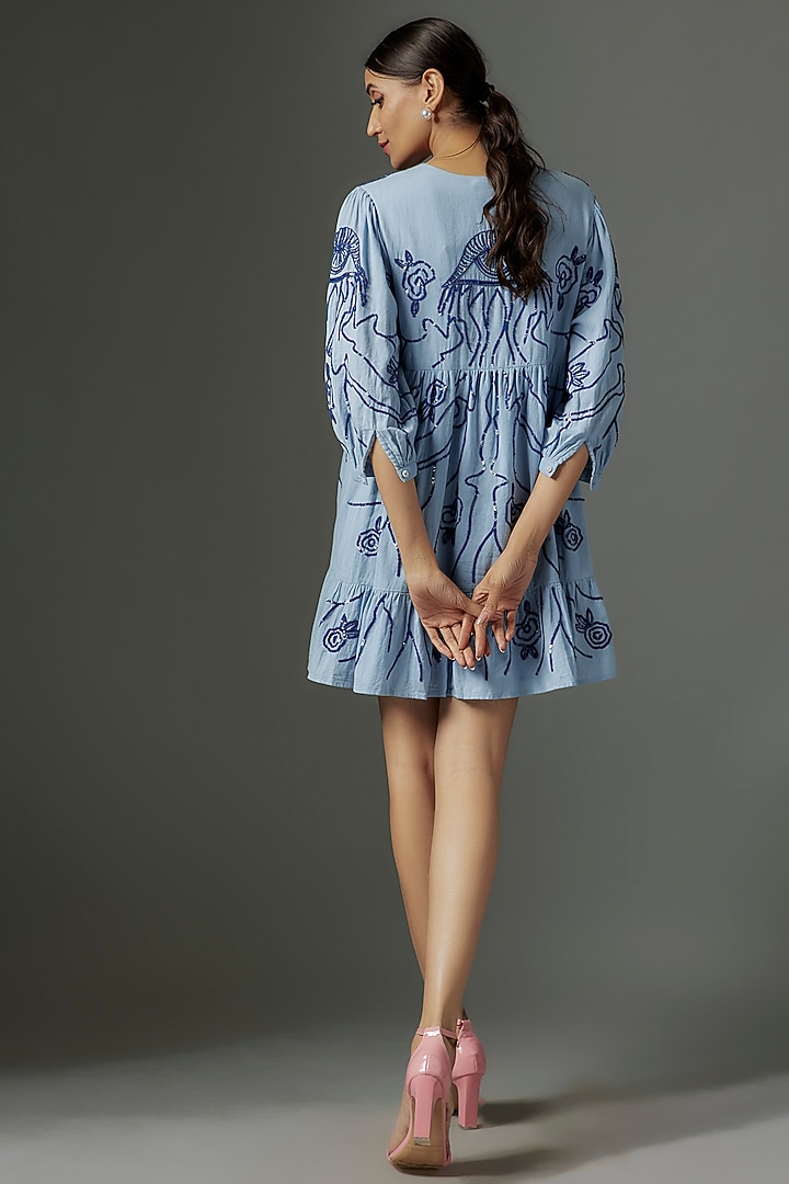 Blue Linen Applique Embroidered Mini Vacation Dress by Nakateki at Pernia's Pop Up Shop