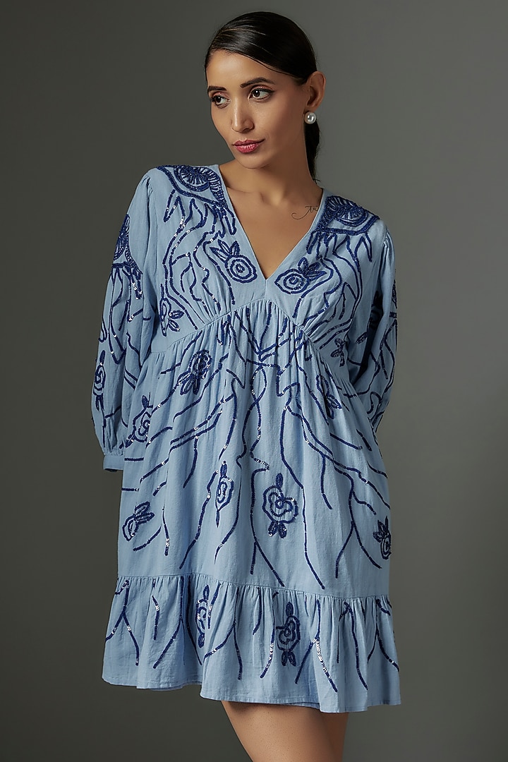 Blue Linen Applique Embroidered Mini Vacation Dress by Nakateki at Pernia's Pop Up Shop