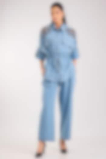 Blue Denim Metallic Embellished Co-Ord Set by Nakateki at Pernia's Pop Up Shop