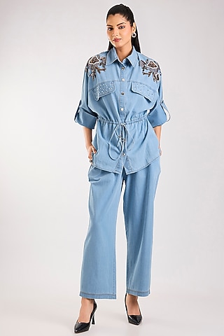 Blue Denim Metallic Embellished Co-Ord Set by Nakateki