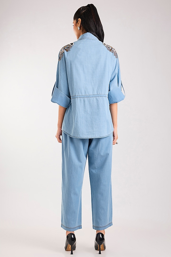 Blue Denim Metallic Embellished Co-Ord Set by Nakateki at Pernia's Pop Up Shop