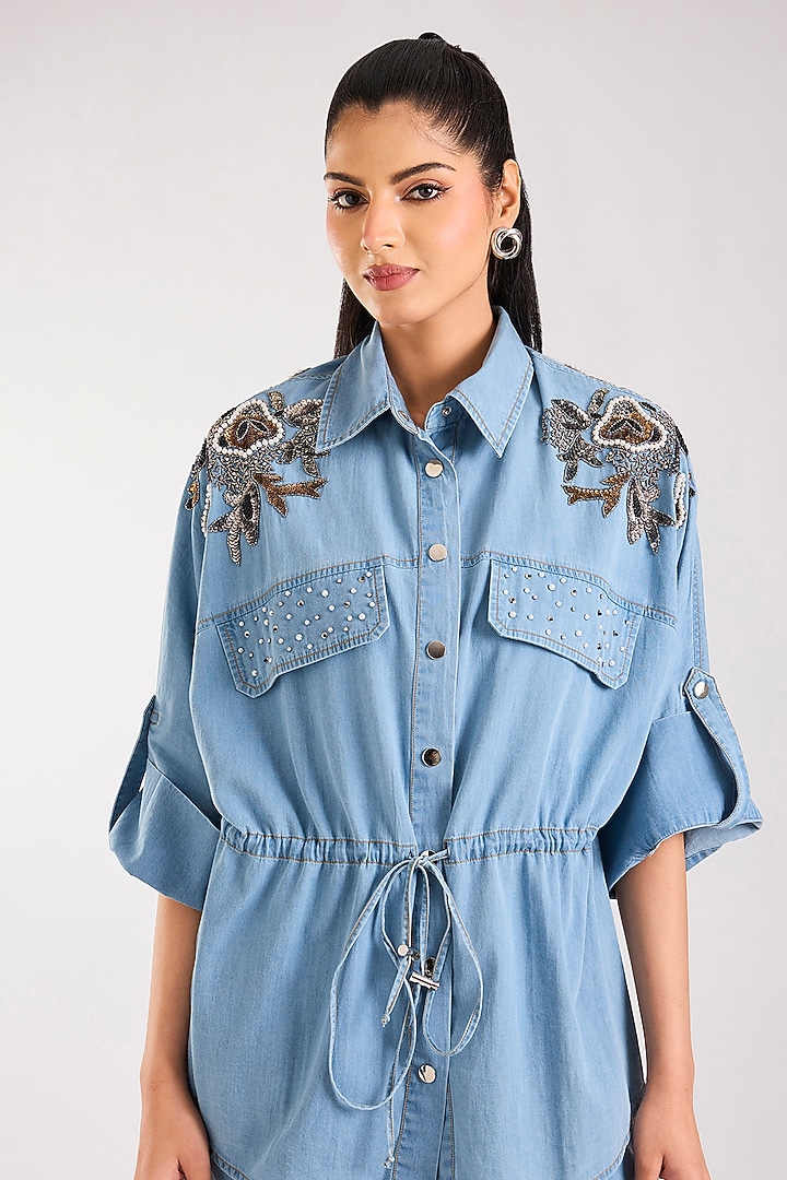 Blue Denim Metallic Embellished Co-Ord Set by Nakateki at Pernia's Pop Up Shop