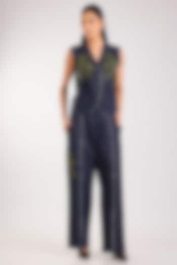 Dark Blue Denim Elastane Applique Handwork Waistcoat Set by Nakateki at Pernia's Pop Up Shop