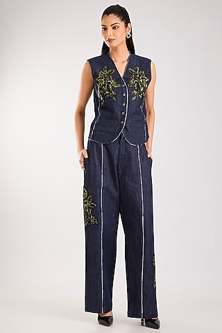 Dark Blue Denim Elastane Applique Handwork Waistcoat Set by Nakateki