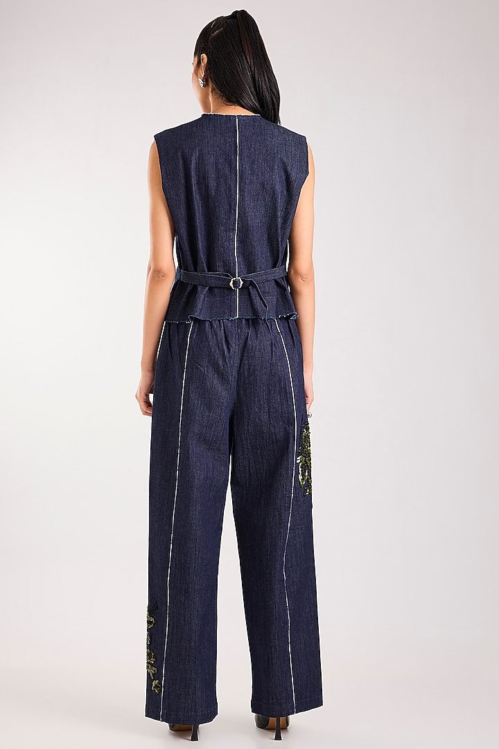 Dark Blue Denim Elastane Applique Handwork Waistcoat Set by Nakateki at Pernia's Pop Up Shop