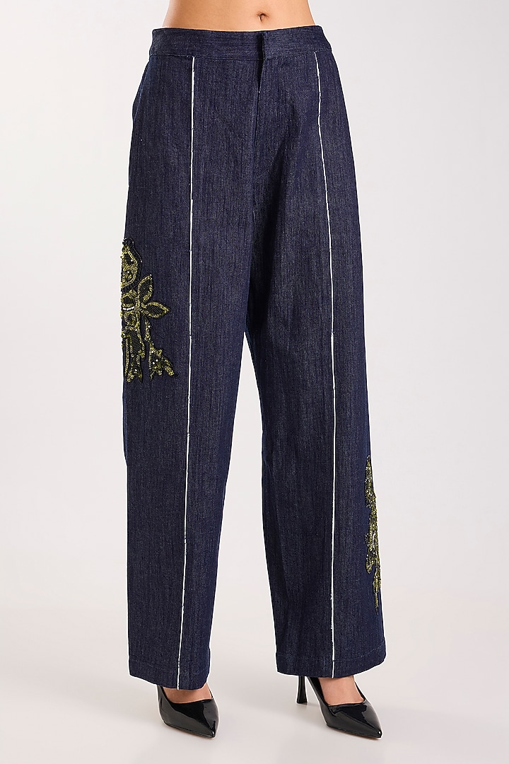 Dark Blue Denim Elastane Applique Handwork Waistcoat Set by Nakateki at Pernia's Pop Up Shop