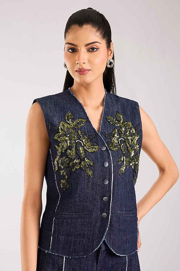 Dark Blue Denim Elastane Applique Handwork Waistcoat Set by Nakateki at Pernia's Pop Up Shop