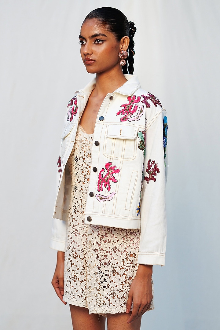 Off-White Cotton Abstract Floral Embellished Jacket by Nakateki at Pernia's Pop Up Shop