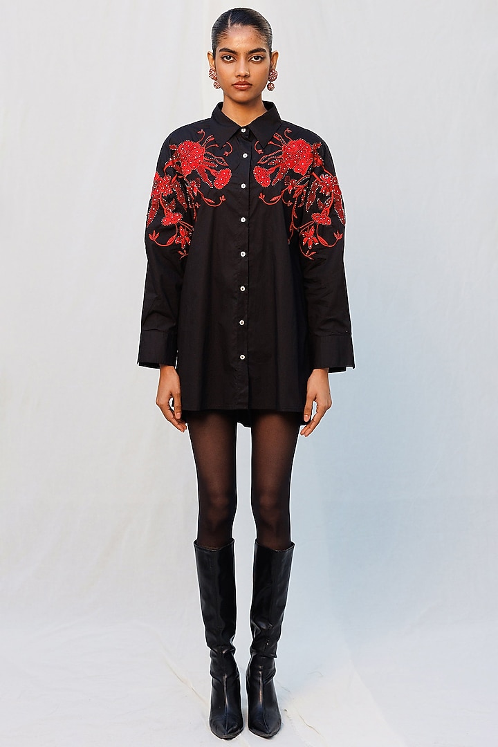 Black Poplin Metallic Embellished Shirt by Nakateki at Pernia's Pop Up Shop