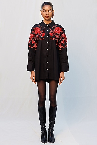 Black Poplin Metallic Embellished Shirt by Nakateki