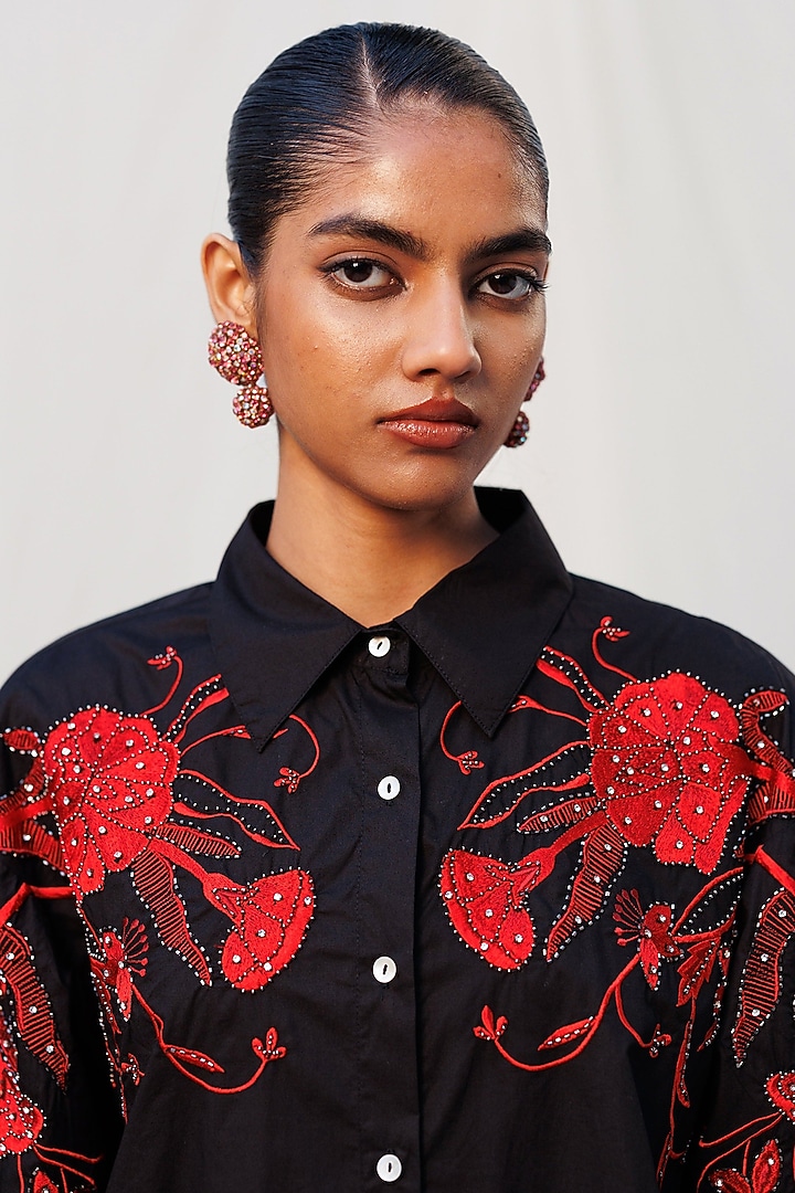 Black Poplin Metallic Embellished Shirt by Nakateki at Pernia's Pop Up Shop
