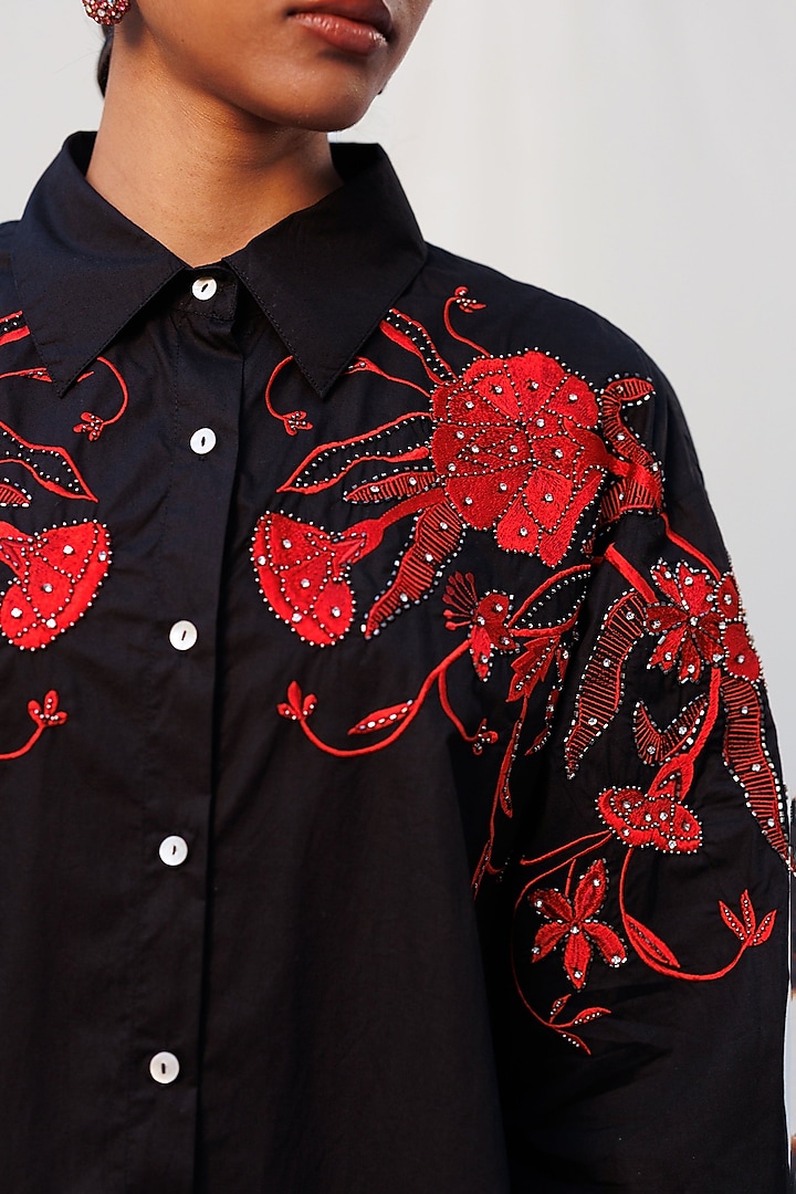 Black Poplin Metallic Embellished Shirt by Nakateki at Pernia's Pop Up Shop