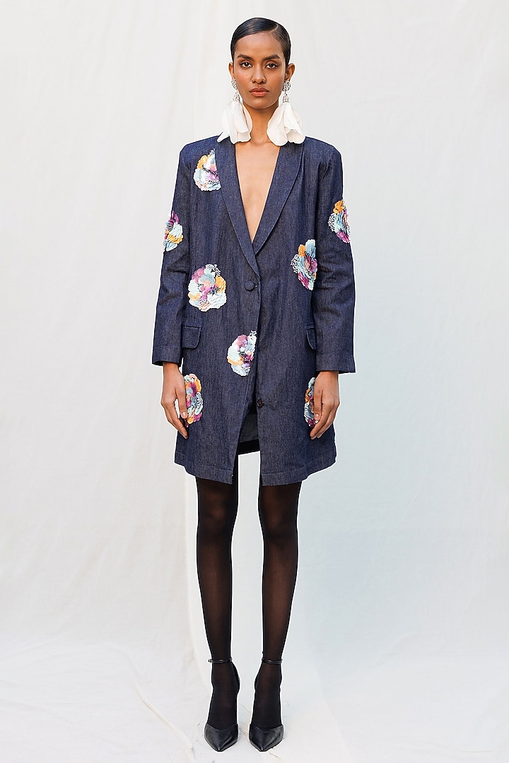 Blue Denim Elastane Floral Applique Embroidered Blazer Vacation Dress by Nakateki at Pernia's Pop Up Shop