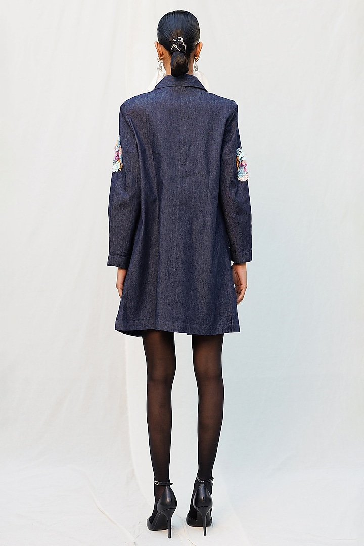 Blue Denim Elastane Floral Applique Embroidered Blazer Vacation Dress by Nakateki at Pernia's Pop Up Shop
