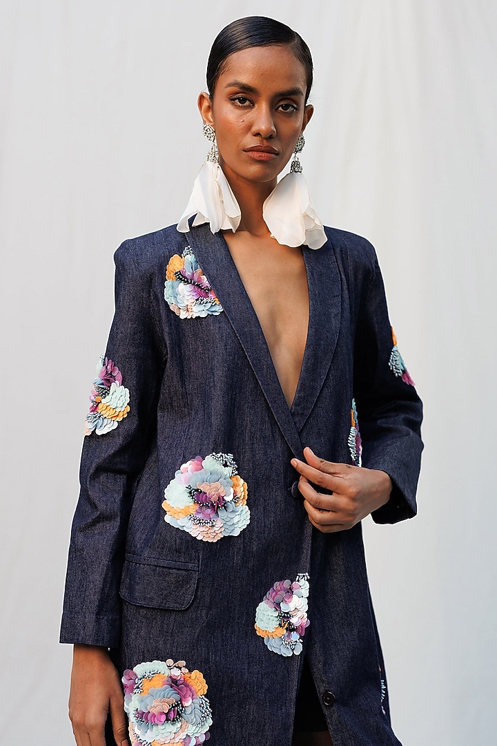 Blue Denim Elastane Floral Applique Embroidered Blazer Vacation Dress by Nakateki at Pernia's Pop Up Shop