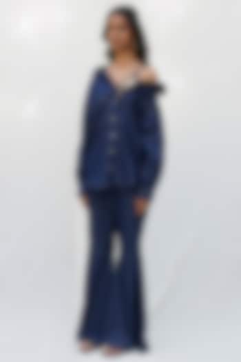 Dark Blue Denim Gold Embellished Co-Ord Set by Nakateki at Pernia's Pop Up Shop
