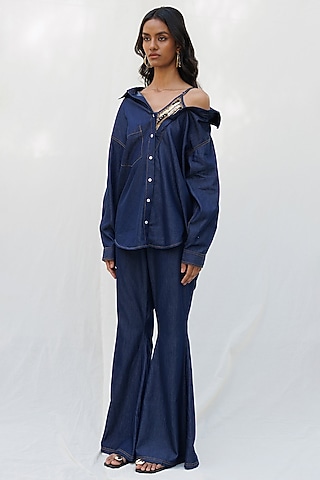 Dark Blue Denim Gold Embellished Co-Ord Set by Nakateki