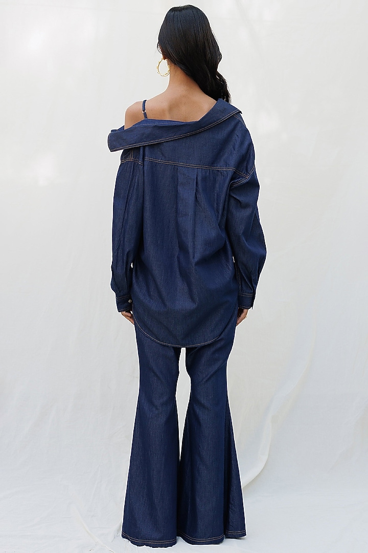 Dark Blue Denim Gold Embellished Co-Ord Set by Nakateki at Pernia's Pop Up Shop