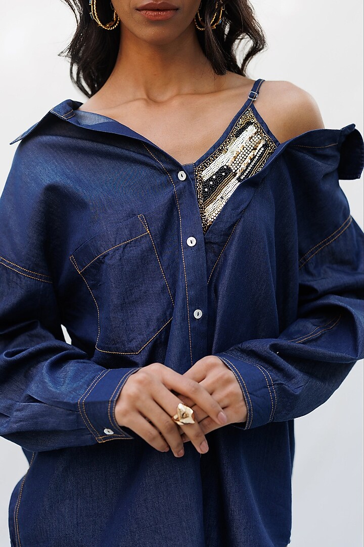 Dark Blue Denim Gold Embellished Co-Ord Set by Nakateki at Pernia's Pop Up Shop