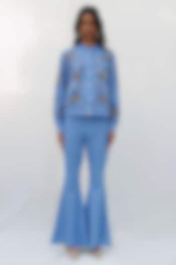 Blue Quilted Denim Cotton Beads Embellished Bomber Jacket by Nakateki at Pernia's Pop Up Shop
