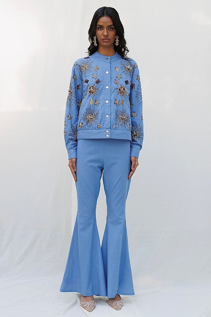 Blue Quilted Denim Cotton Beads Embellished Bomber Jacket by Nakateki at Pernia's Pop Up Shop