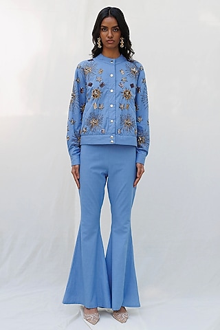 Blue Quilted Denim Cotton Beads Embellished Bomber Jacket by Nakateki