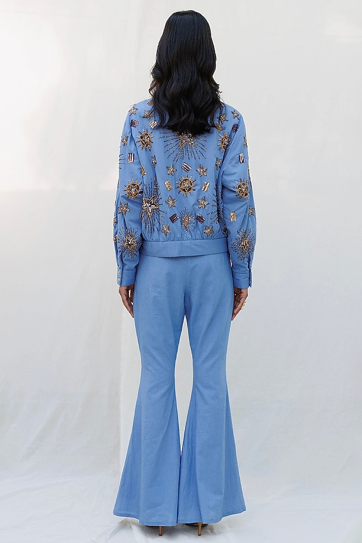 Blue Quilted Denim Cotton Beads Embellished Bomber Jacket by Nakateki at Pernia's Pop Up Shop