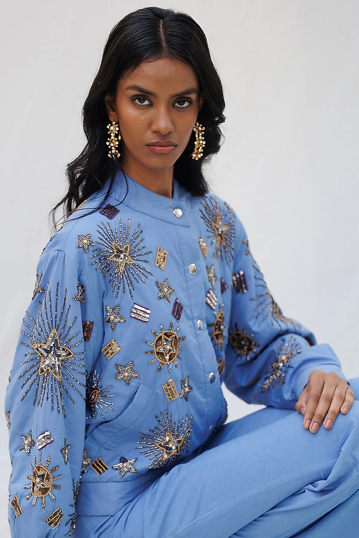 Blue Quilted Denim Cotton Beads Embellished Bomber Jacket by Nakateki at Pernia's Pop Up Shop