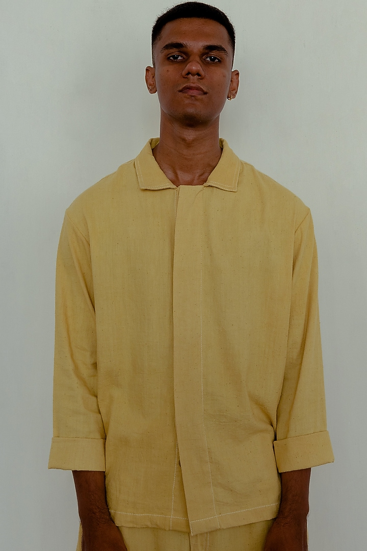 Marigold Yellow Organic Cotton Party Wear Shirt by Naushad Ali Men at Pernia's Pop Up Shop
