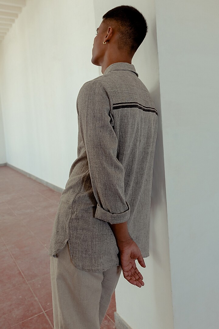 Grey Organic Cotton Party Wear Shirt by Naushad Ali Men at Pernia's Pop Up Shop