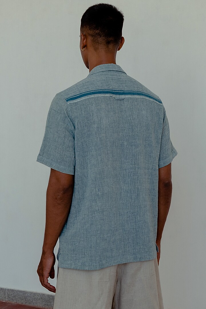 Light Indigo Organic Cotton Party Wear Shirt by Naushad Ali Men at Pernia's Pop Up Shop