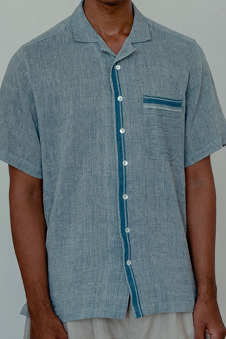 Light Indigo Organic Cotton Party Wear Shirt by Naushad Ali Men at Pernia's Pop Up Shop