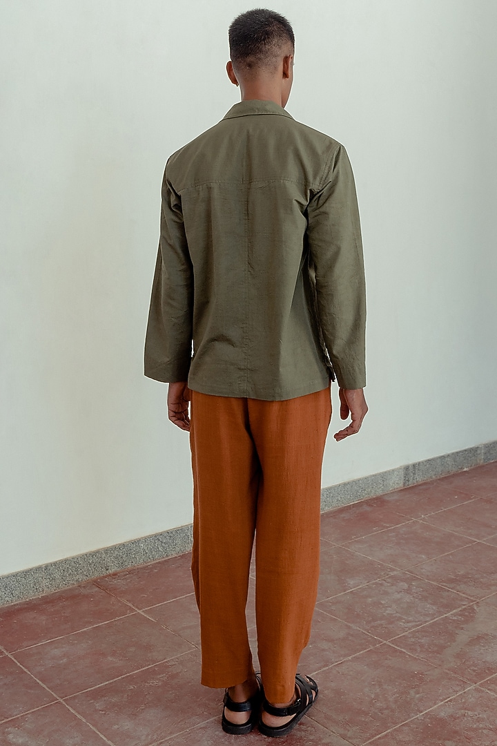 Dark Khaki Organic Cotton Party Wear Shirt by Naushad Ali Men at Pernia's Pop Up Shop