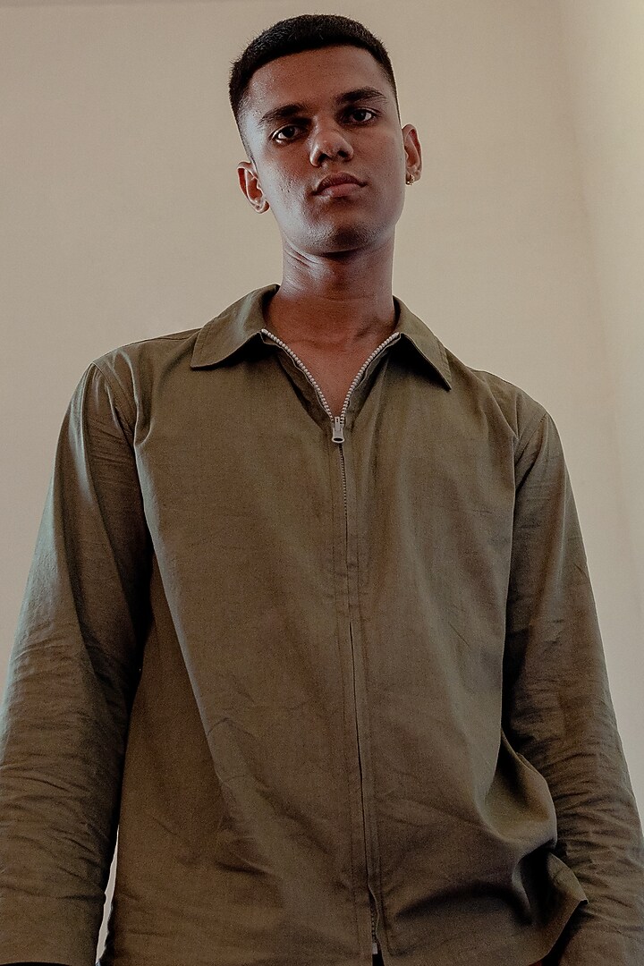 Dark Khaki Organic Cotton Party Wear Shirt by Naushad Ali Men at Pernia's Pop Up Shop