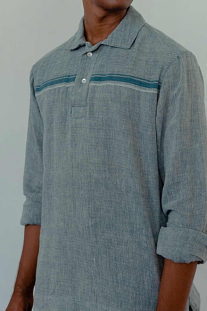 Light Indigo Hand-Dyed Party Wear Shirt by Naushad Ali Men at Pernia's Pop Up Shop