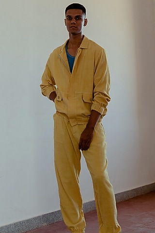 Marigold Yellow Hand-Dyed Bomber Jacket by Naushad Ali Men