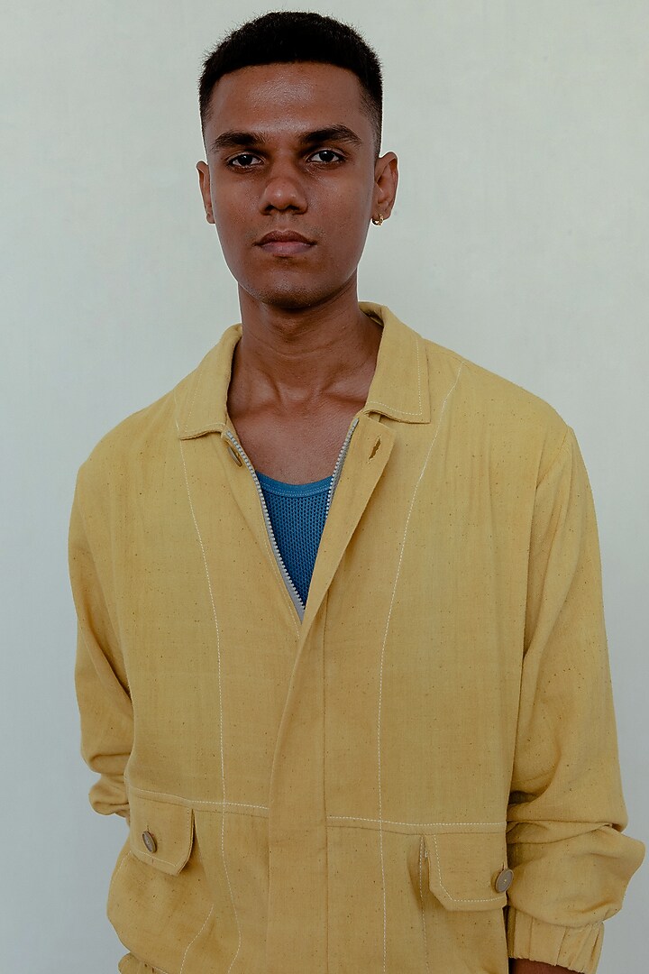 Marigold Yellow Hand-Dyed Bomber Jacket by Naushad Ali Men at Pernia's Pop Up Shop