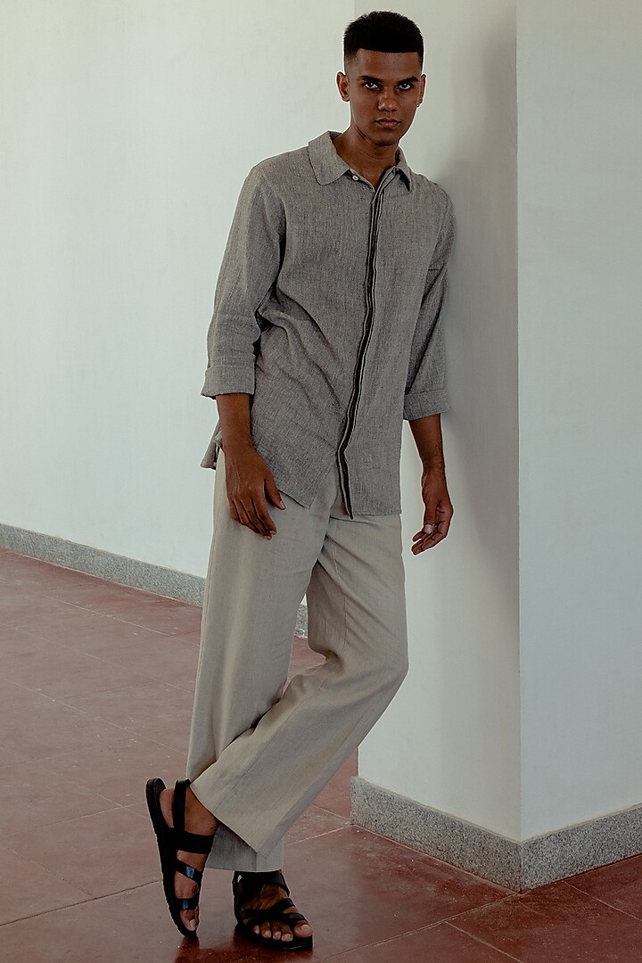 Pale Slate Grey Linen Trousers by Naushad Ali Men