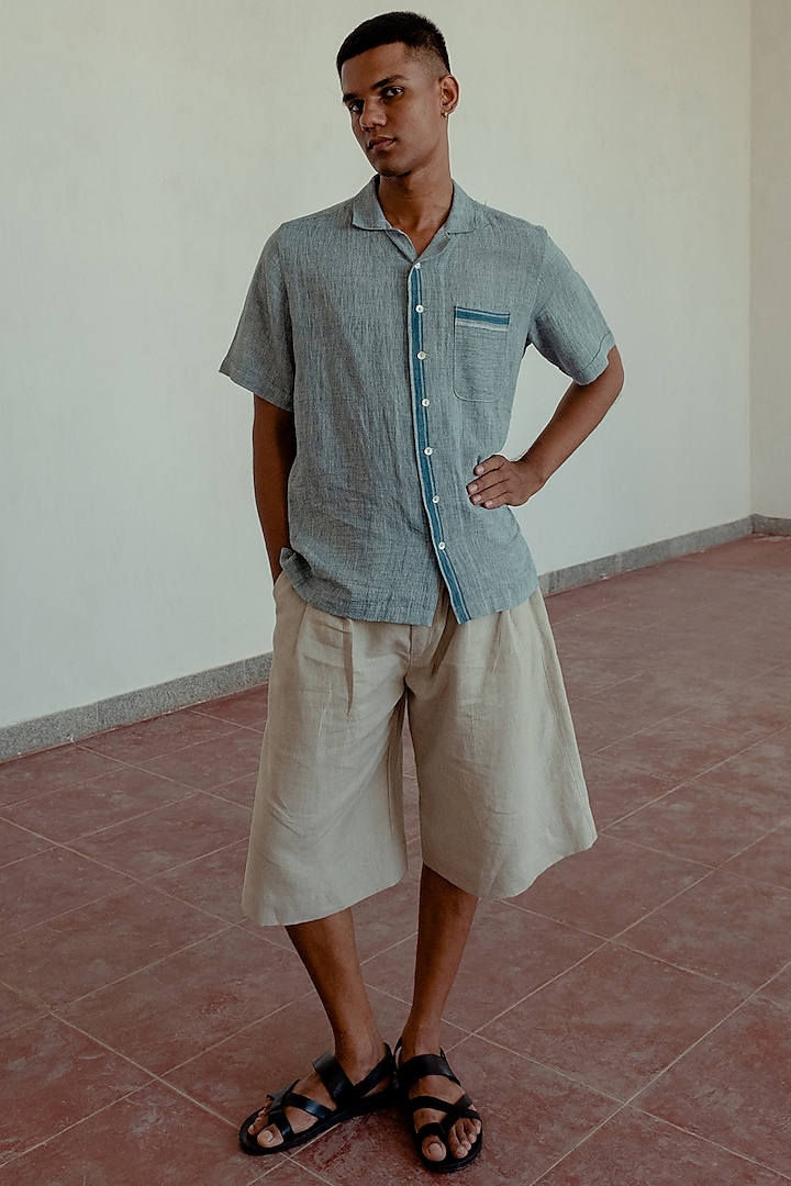 Pale Slate Grey Linen Shorts by Naushad Ali Men