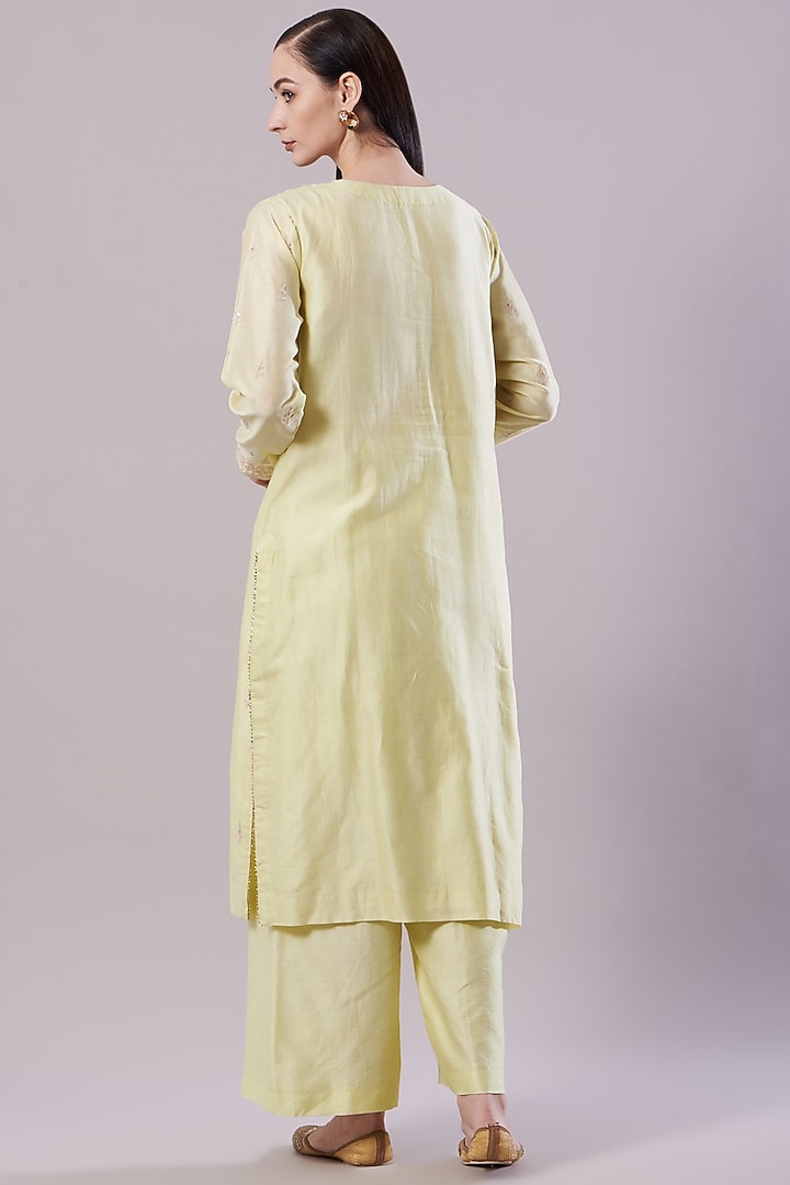 Yellow Chanderi Embroidered Kurta Set by NAMEH BY AMREEN at Pernia's Pop Up Shop