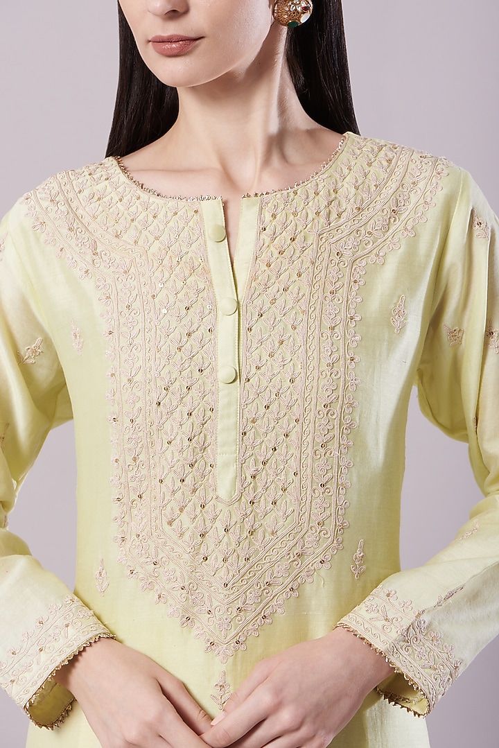 Yellow Chanderi Embroidered Kurta Set by NAMEH BY AMREEN at Pernia's Pop Up Shop